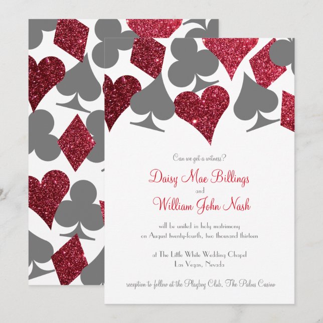 Destiny Vegas Red and Grey Faux Glitter Wedding Invitation (Front/Back)