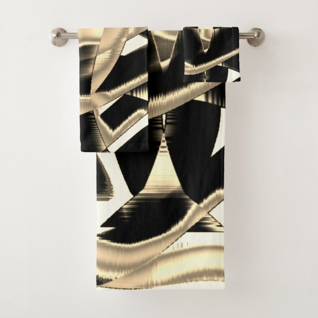 Destroyed beige and black scrap or ribbon on clear bath towel set (Insitu)
