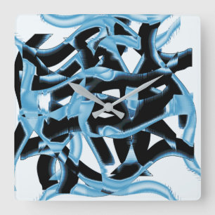 Destroyed black and blue scraps or tapes, stained square wall clock
