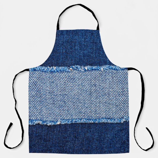 Destroyed torn denim blue jeans fabric frame on bl apron (Front)