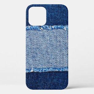 Destroyed torn denim blue jeans fabric frame on bl iPhone 12 case