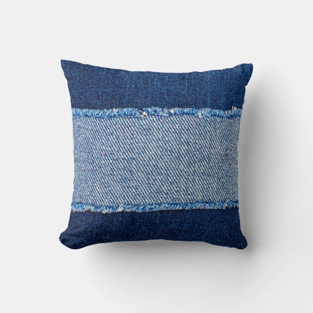 Destroyed torn denim blue jeans fabric frame on bl cushion (Front)