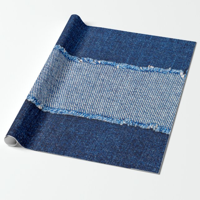 Destroyed torn denim blue jeans fabric frame on bl wrapping paper (Unrolled)