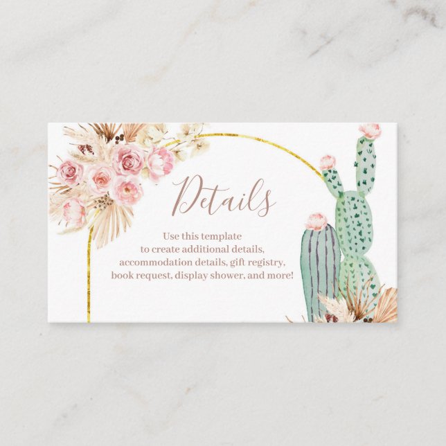 Detail Card Boho Cactus Pink Flowers Pampas Grass (Front)