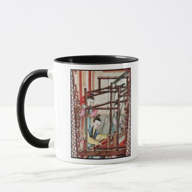 Detail from a vase depicting silk weaving mug (Left)