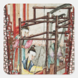 Detail from a vase depicting silk weaving square sticker