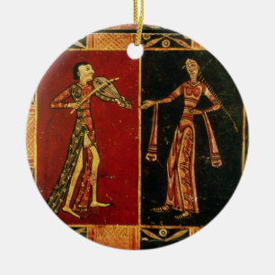 Detail from a wedding chest depicting a musician a ceramic tree decoration