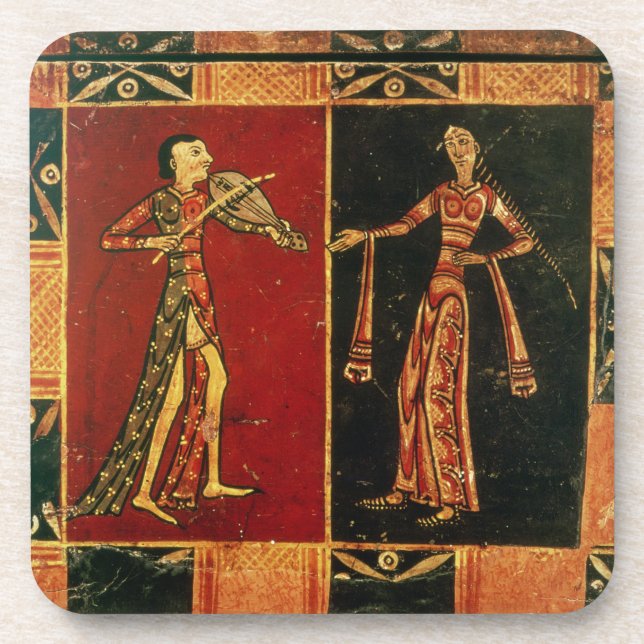 Detail from a wedding chest depicting a musician a coaster (Front)