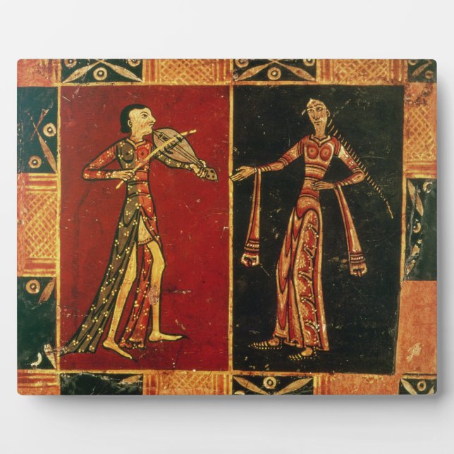 Detail from a wedding chest depicting a musician a plaque (Front)