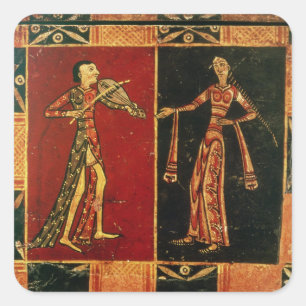 Detail from a wedding chest depicting a musician a square sticker