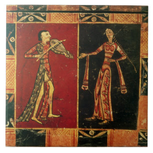 Detail from a wedding chest depicting a musician a tile
