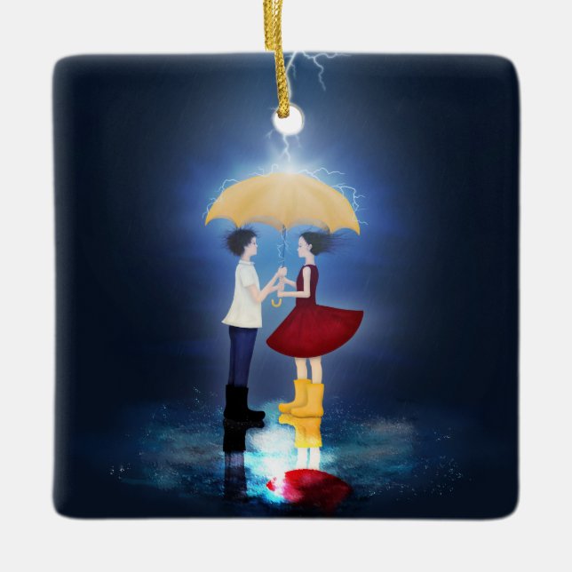 Detail from "Lovestruck" Couple Sharing Umbrella Ceramic Ornament (Front)