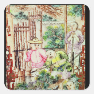 Detail of a vase with men watering tea plants square sticker