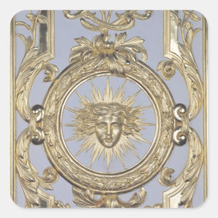 Detail of panelling depicting square sticker