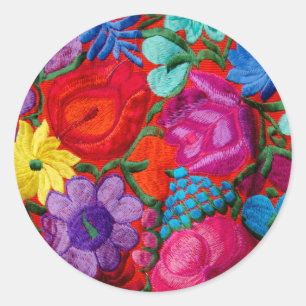Detail of traditional embroidery floral textile classic round sticker