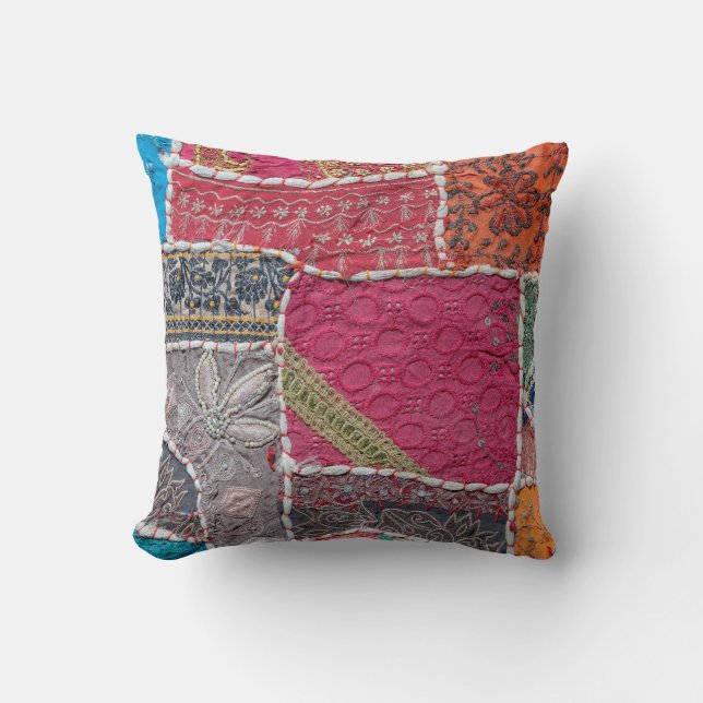Detail old colourful patchwork carpet, India. Clos Cushion (Front)