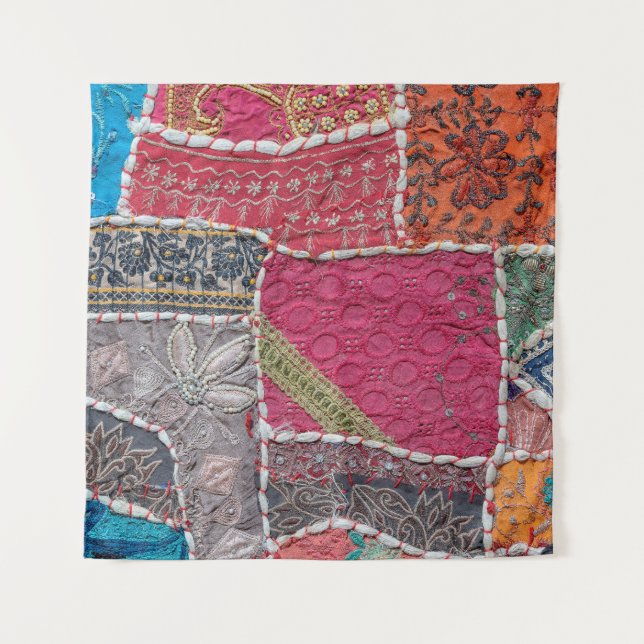 Detail old colourful patchwork carpet, India. Clos Tapestry (Front)