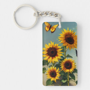 Detail Realistic Sunflowers and Butterflies  Key Ring