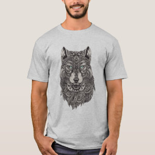 Detailed Abstract Wolf Head Illustration T-Shirt