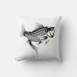 Detailed Black and White Fish Illustration Cushion