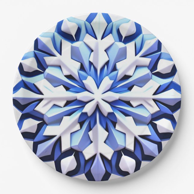 Detailed Blue Snowflake Paper Plate (Front)