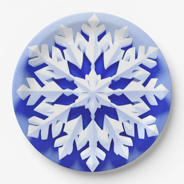Detailed Blue Snowflake Paper Plate (Front)