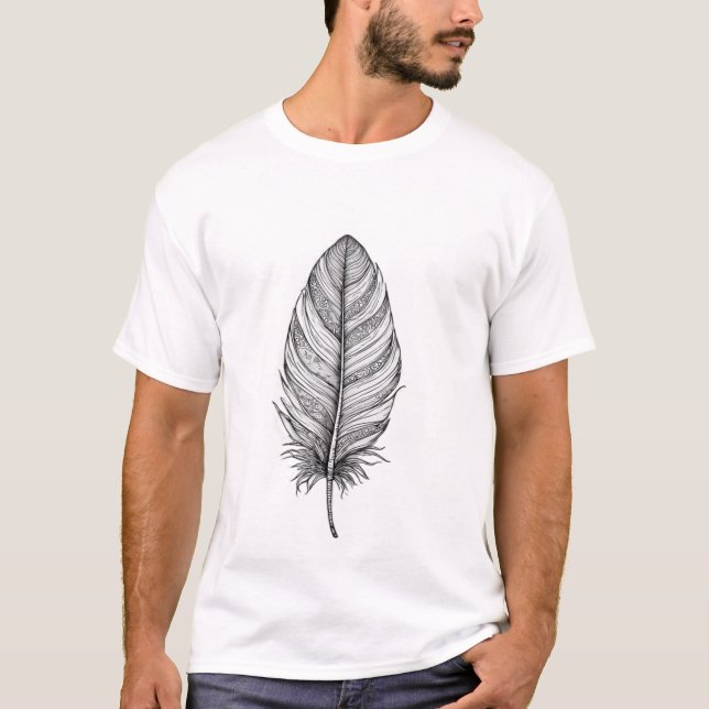 Detailed Boho Feather Line Art T-Shirt (Front)