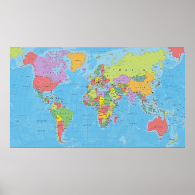 Detailed colourful political world map poster (Front)