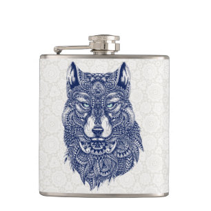 Detailed Dark Blue Wolf Head Illustration Hip Flask