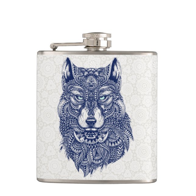 Detailed Dark Blue Wolf Head Illustration Hip Flask (Front)