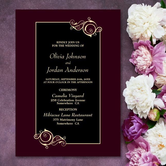 Detailed Elegant Black Burgundy Gold Wedding Invitation (Creator Uploaded)