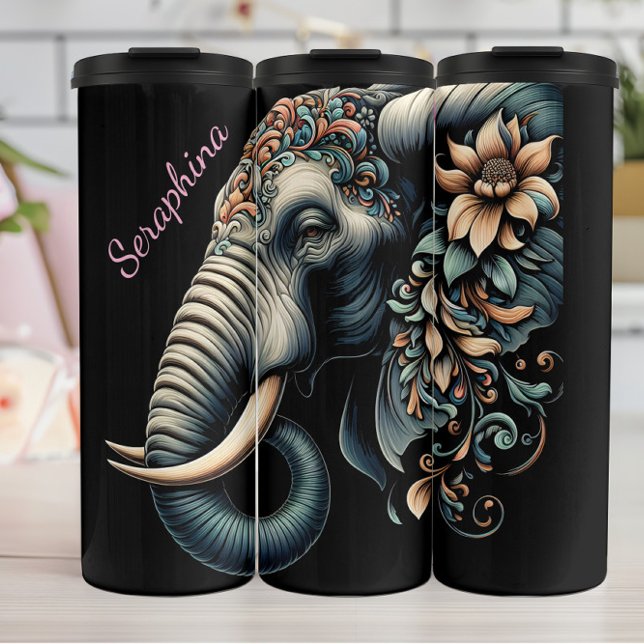 Detailed Elephant Profile: Floral Accents Thermal Tumbler (Creator Uploaded)