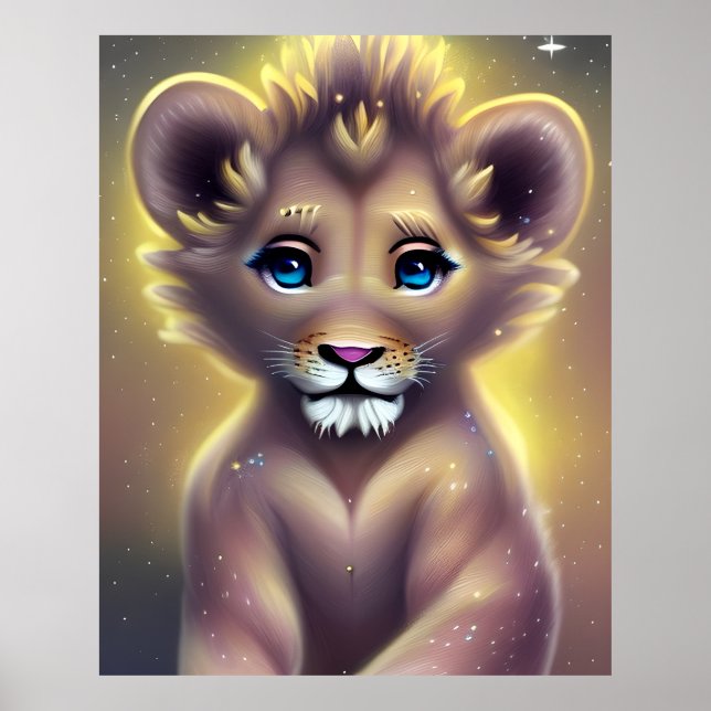 Detailed Fantasy Cute Kawaii baby lion cub Poster (Front)
