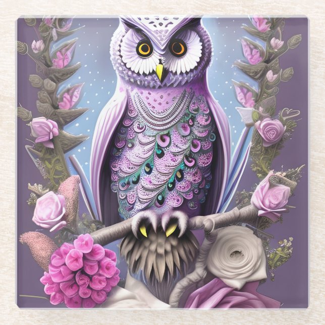 Detailed Fantasy Owl on a bed of Thorns Glass Coaster (Front)