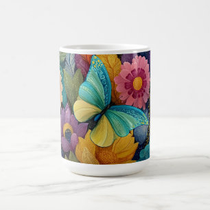 Detailed Floral and Butterfly Illustration Coffee Mug