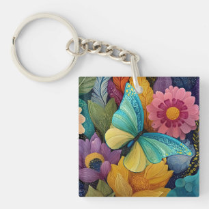 Detailed Floral and Butterfly Illustration Key Ring