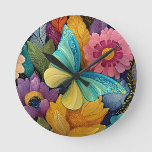 Detailed Floral and Butterfly Illustration Round Clock