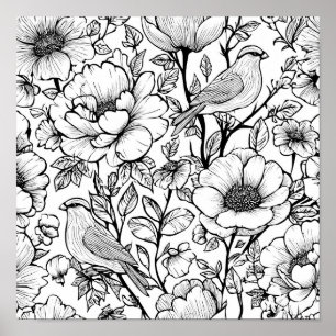 Detailed Folk Flora Scroll Decoupage Template Line Poster