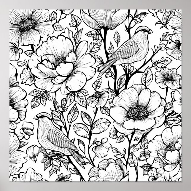 Detailed Folk Flora Scroll Decoupage Template Line Poster (Front)
