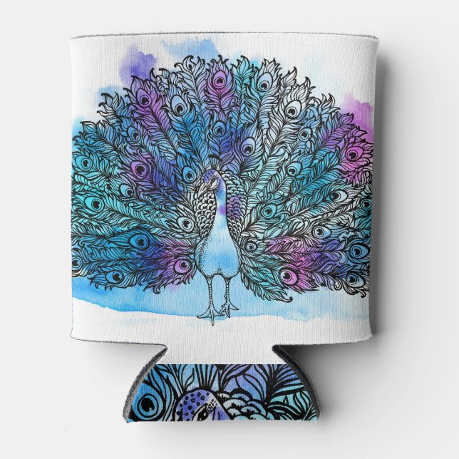 Detailed Hand Drawn Peacock: Clip-Art Can Cooler (Front)