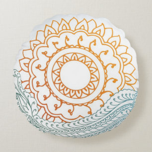 Detailed henna abstract sunrise round cushion