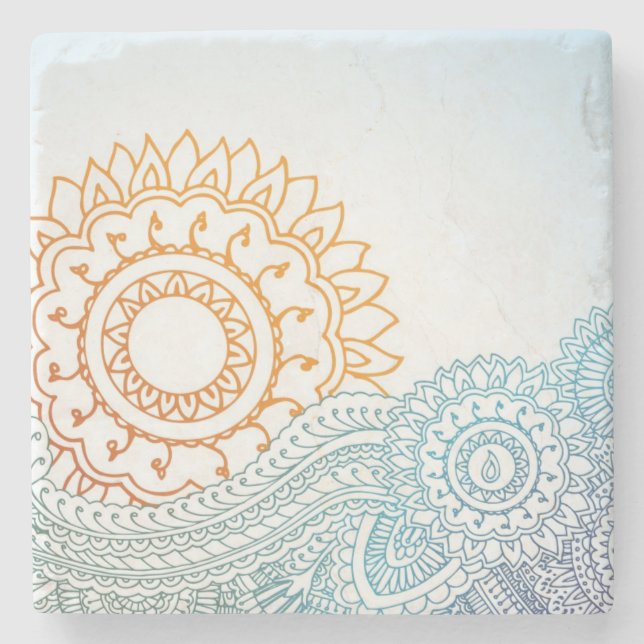 Detailed henna abstract sunrise stone coaster (Front)