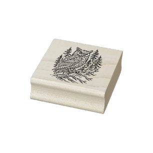 Detailed Horned Owl in Pine Forest Line Art Rubber Stamp