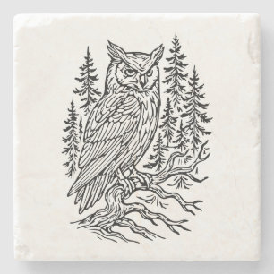 Detailed Horned Owl in Pine Forest Line Art Stone Coaster