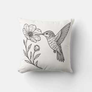 Detailed Hummingbird Line Art with Wildflower Cushion