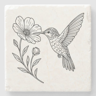 Detailed Hummingbird Line Art with Wildflower Stone Coaster