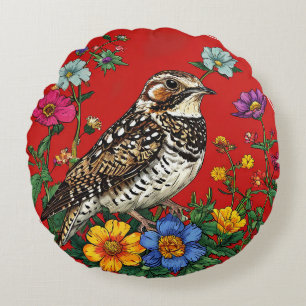 Detailed Illustration of a Thrush Bird Round Cushion