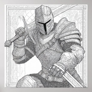 Detailed Knight in Full Armour - Colouring Page Poster