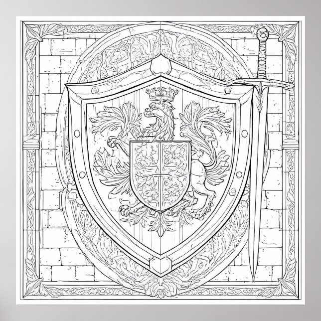 Detailed Knight's Heraldic Shield Colouring Page Poster (Front)