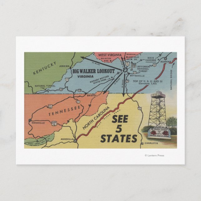 Detailed Map of 5 States - Big Walker Lookout, V Postcard (Front)